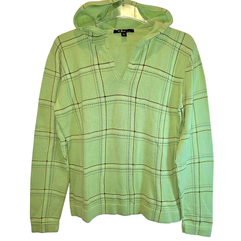 VTG Neve Designs Hoodie Sweater Pullover Womens Large Light Green Plaid V-Neck